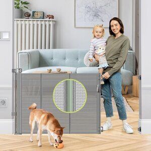 Reinforced 55" Wide Retractable Dog Gate with Support Rods, 33" Tall Retractable